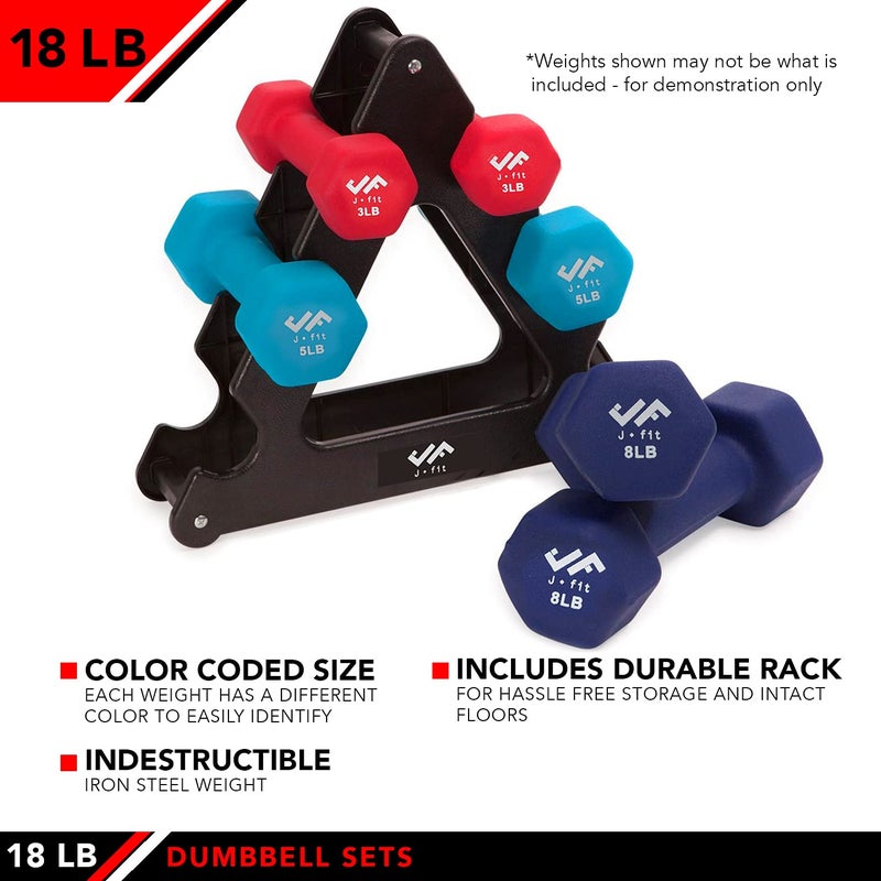 JFIT Dumbbell Set w/Durable Rack, Double Neoprene Coated Workout Weights, Solid Design Rack, 18 LB Set - Image 3