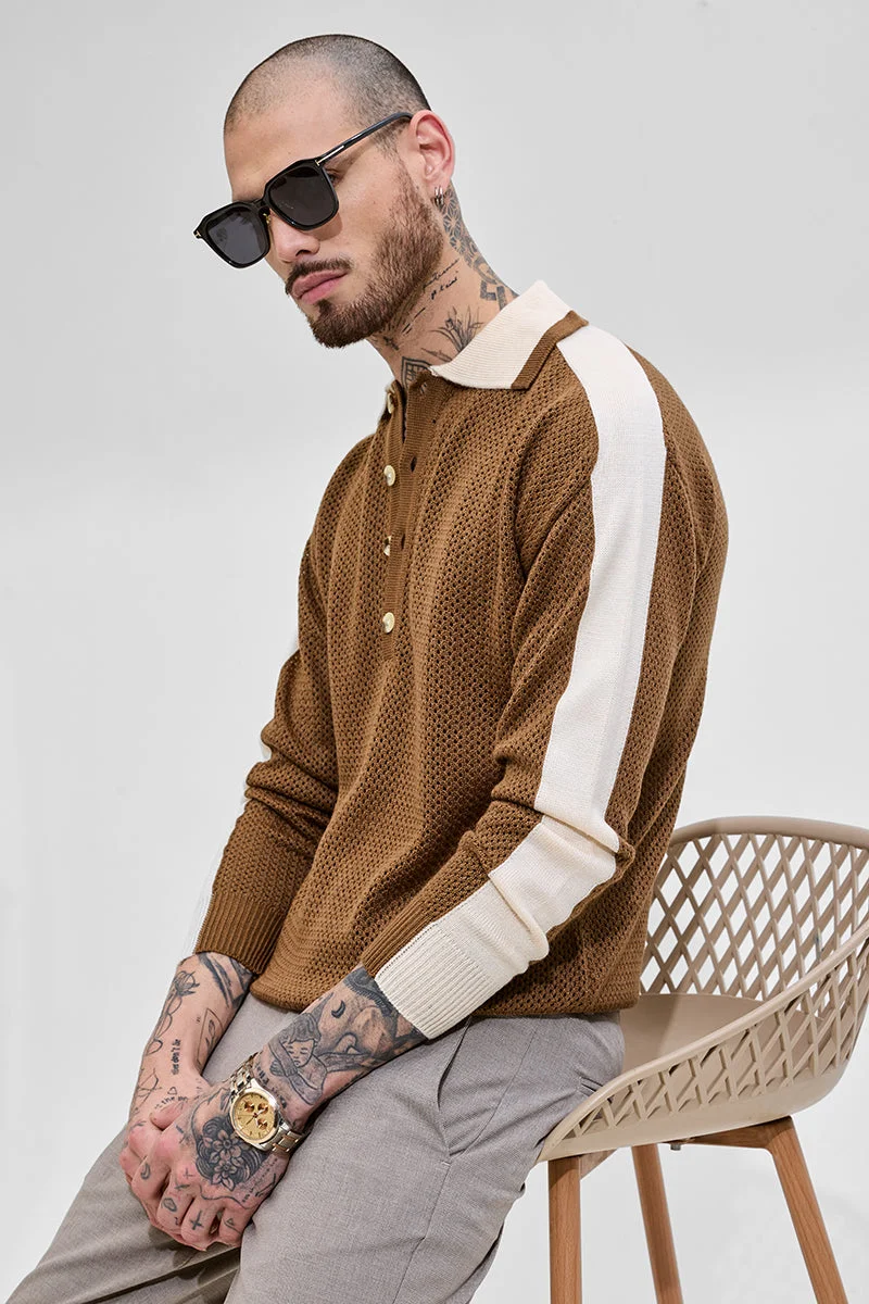 SNITCH Brown Colourblocked Knitted Polo T-Shirt