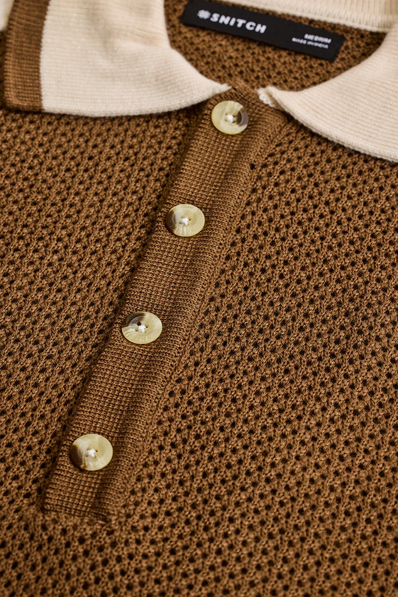 SNITCH Brown Colourblocked Knitted Polo T-Shirt