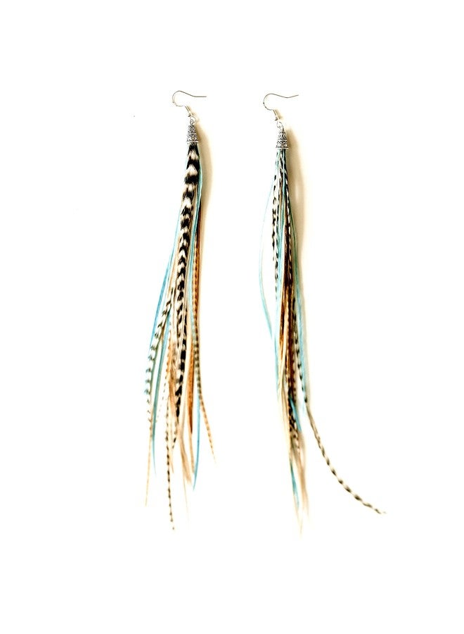 Feather Headz Bohemian handmade Natural & Turquoise long lightweight feather dangle earrings for women - Image 1