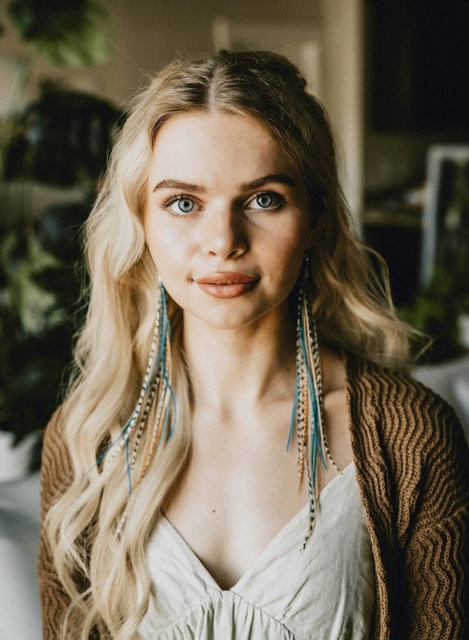 Feather Headz Bohemian handmade Natural & Turquoise long lightweight feather dangle earrings for women - Image 4