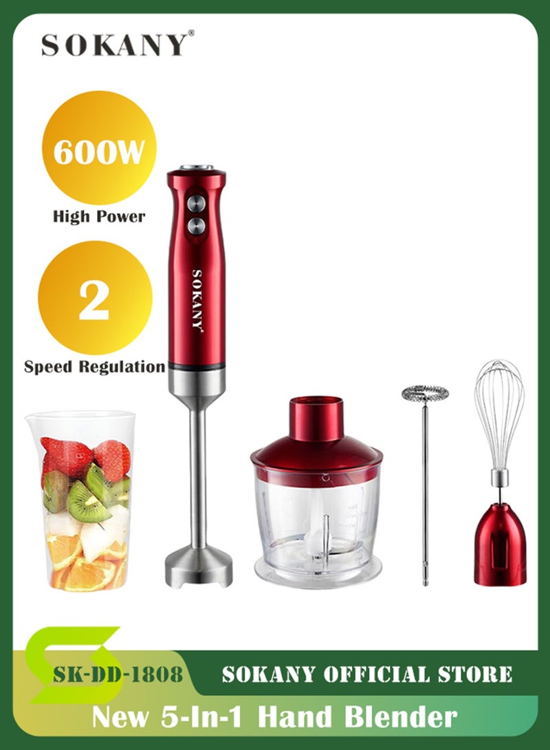 sokany 600W Electric Hand Immersion Blender, 5-in-1 Multifunction Stainless Steel Handheld Electric Blender, Hand Blender with Mixing Beaker, Food Processor, Whisk, SK-DD-1808 (Red) - Image 1
