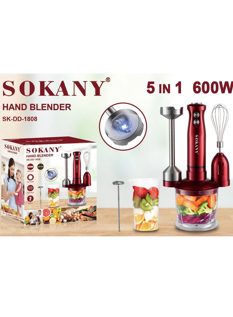 sokany 600W Electric Hand Immersion Blender, 5-in-1 Multifunction Stainless Steel Handheld Electric Blender, Hand Blender with Mixing Beaker, Food Processor, Whisk, SK-DD-1808 (Red) - Image 3