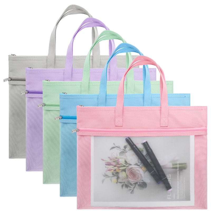 Tlence 5 Pack Mesh Zipper Pouch with Handle, A4 Double Layer Document Storage Bag, Waterproof File Pocket for Paper Books Art Supplies, Foldable Folder Bag Suitable for Office Travel Carry, 5 Colors - Image 1