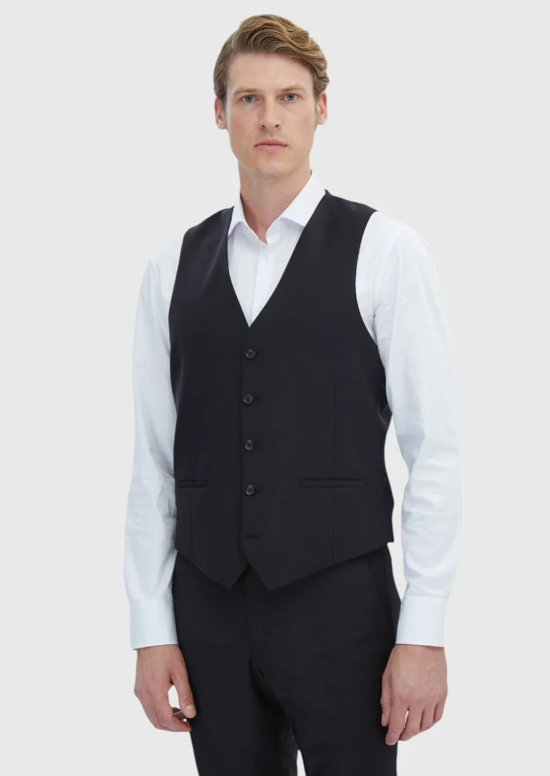RAMSEY Black Slim Fit Butterfly Collar Classical Waistcoat