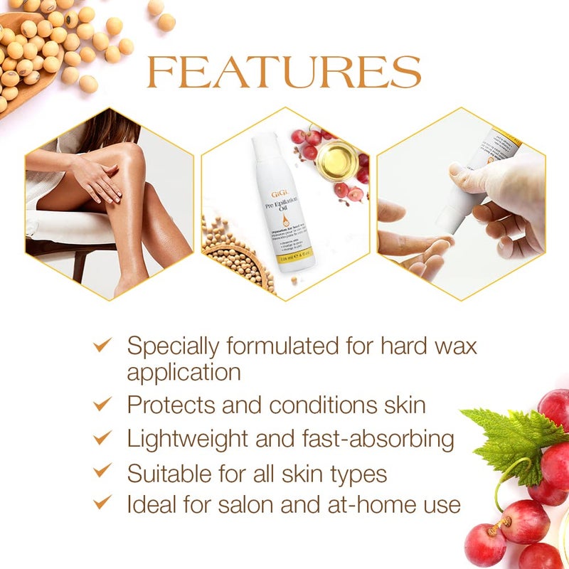 GiGi Pre Wax Epilation Oil for Hair Removal - Soothing Soybean & Grape Seed Oils, Pre-Waxing Skin Prep, 4 fl oz - Image 4