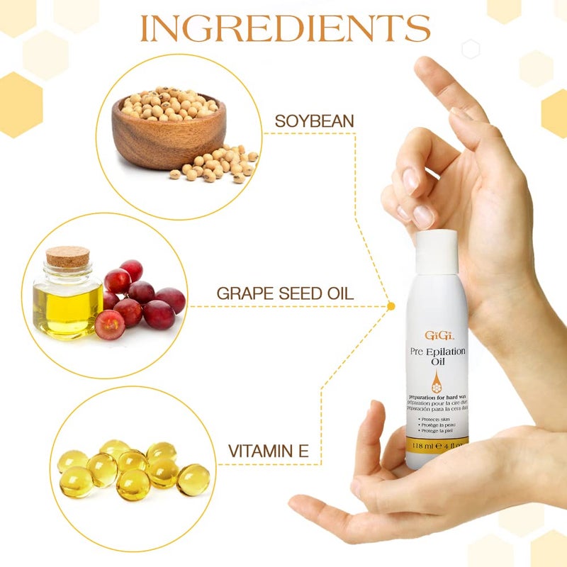 GiGi Pre Wax Epilation Oil for Hair Removal - Soothing Soybean & Grape Seed Oils, Pre-Waxing Skin Prep, 4 fl oz - Image 5