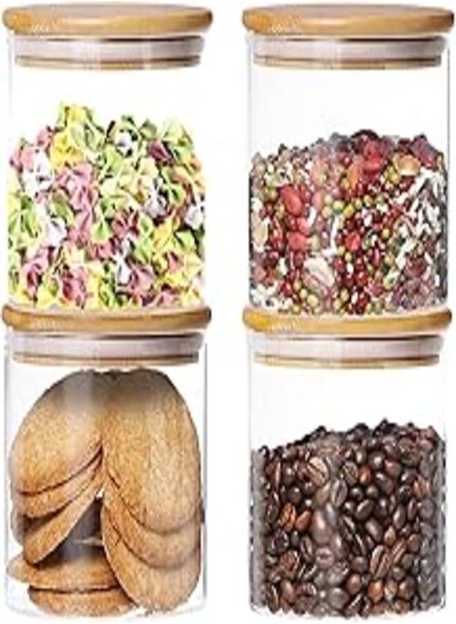 AKDC - AKDC Set of 4 Round Glass Jar with Bamboo Lid, Kitchen Food Storage Containers Airtight Lids Cereals Canisters Jars for Pasta Spaghetti Tea Coffee Beans Candy Cookies Snacks (Mini - 500ML) - Image 1