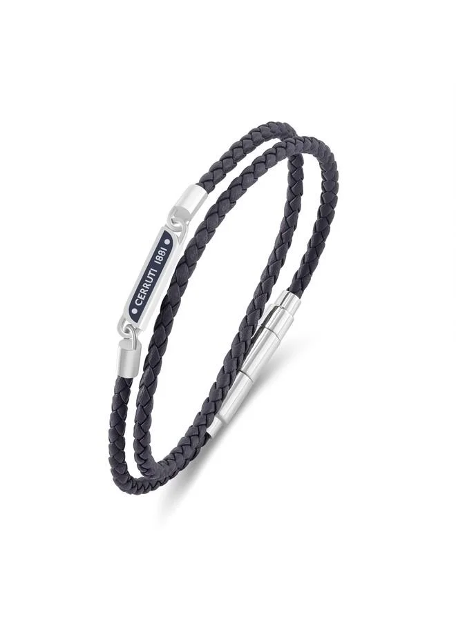 CERRUTI 1881 Emiliano Silver Plated Stainless Steel Black Braided Leather Bracelet for Men 400mm
