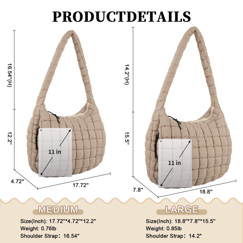 Iqimott Quilted Puffer Tote Bag Crossbody Shoulder Bag with Zipper, Nylon Puffy Hobo Bags Travel Top Handle Handbag for Women Girls, Oversized Padding Quilted Bags Soft Large Carryall Bag (Khaki, Large) - Image 2