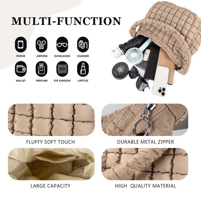 Iqimott Quilted Puffer Tote Bag Crossbody Shoulder Bag with Zipper, Nylon Puffy Hobo Bags Travel Top Handle Handbag for Women Girls, Oversized Padding Quilted Bags Soft Large Carryall Bag (Khaki, Large) - Image 3