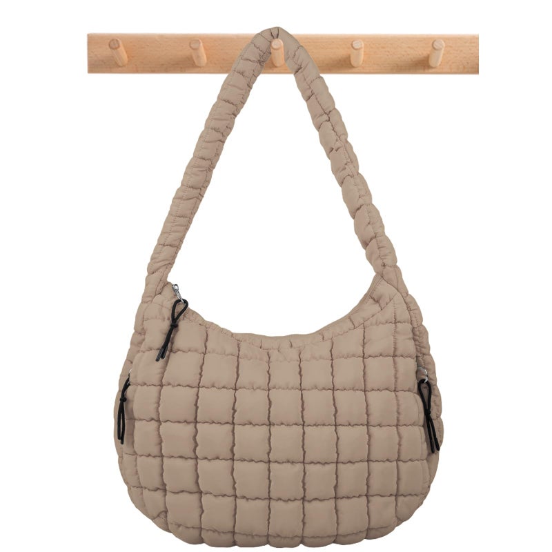 Iqimott Quilted Puffer Tote Bag Crossbody Shoulder Bag with Zipper, Nylon Puffy Hobo Bags Travel Top Handle Handbag for Women Girls, Oversized Padding Quilted Bags Soft Large Carryall Bag (Khaki, Large) - Image 1