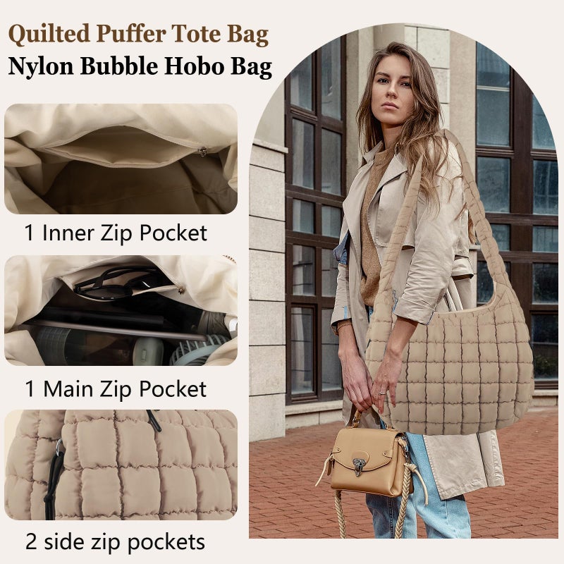 Iqimott Quilted Puffer Tote Bag Crossbody Shoulder Bag with Zipper, Nylon Puffy Hobo Bags Travel Top Handle Handbag for Women Girls, Oversized Padding Quilted Bags Soft Large Carryall Bag (Khaki, Large) - Image 4