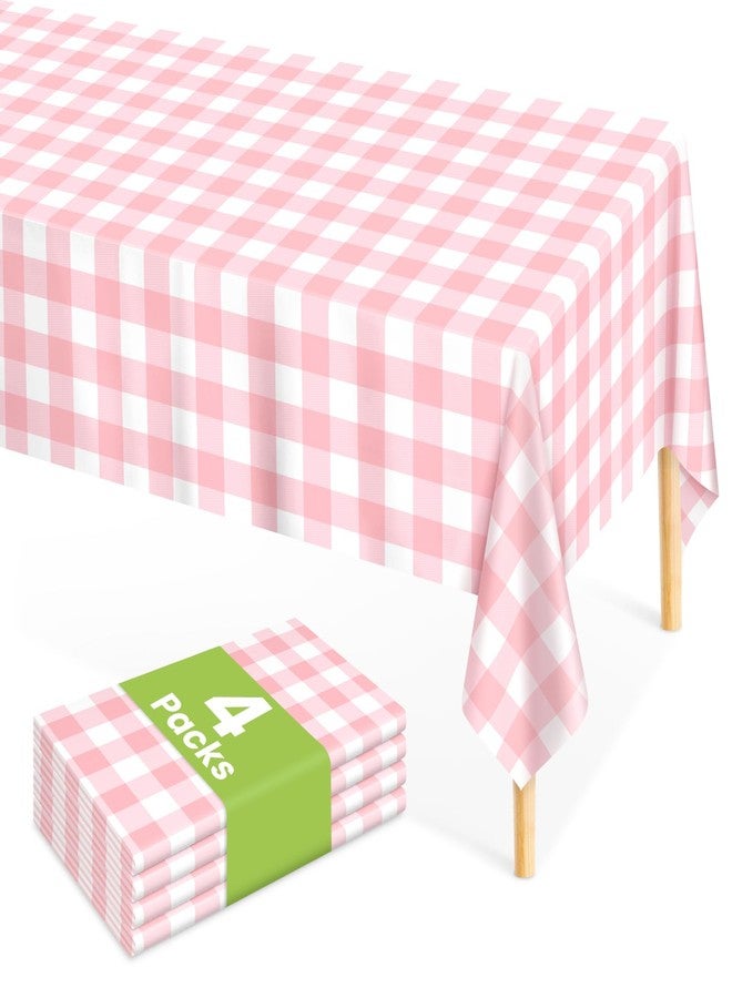 Mulbozy 4 Pcs Pink Gingham Tablecloth 54 × 108 Inches Pink and White Checkered Table Cloth Disposable Plastic Waterproof Tablecover for Outdoor Picnic, Birthday Party, Holiday Dinner - Image 1