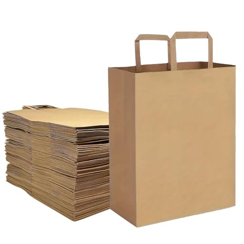 Aakriti Kraft Paper Gift Bags with Flat Handles - Brown 100 Pack, Medium (10" x 8" x 5") for Shopping, Home, Office, Retail & Merchandise - Image 1
