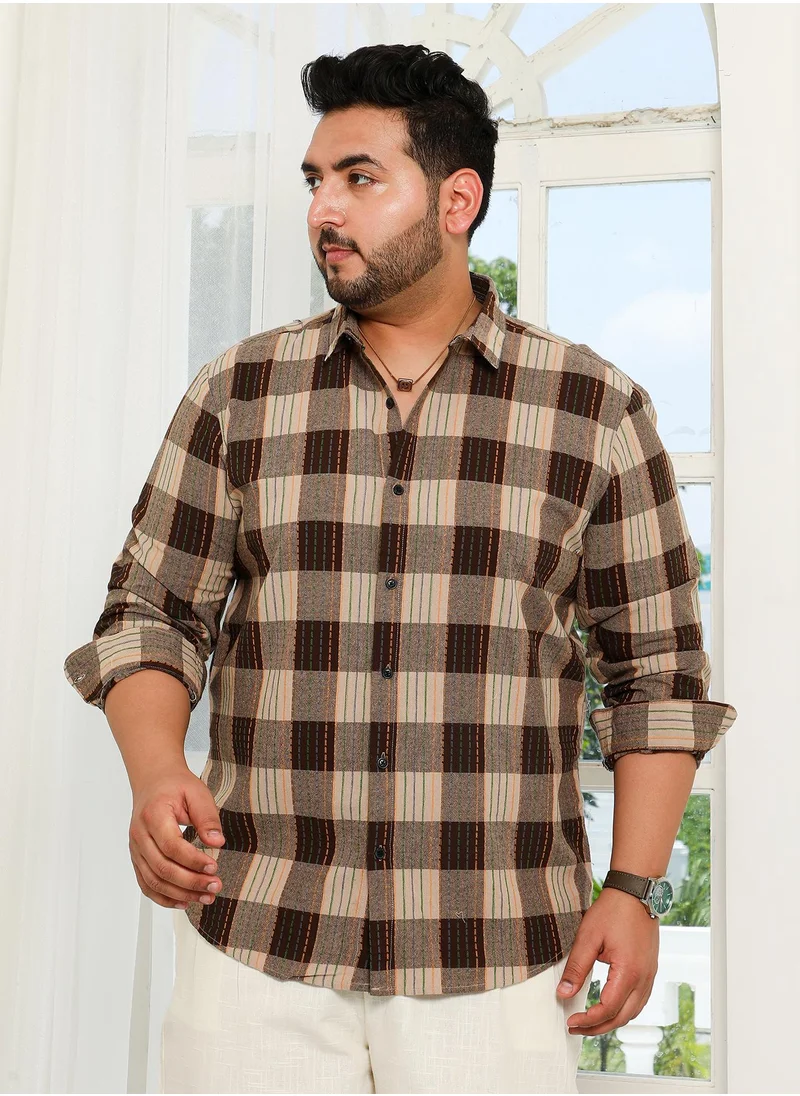 انستافاب بلس Instafab Plus Men's Chocolate Brown Chalk-Buffalo Check Shirt For Casual Wear | Spread Collar | Long Cuffed Sleeves | Button Closure | Plus Size Shirt Crafted With Comfort Fit For Everyday Wear