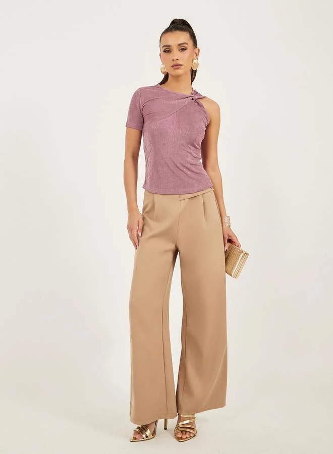 Styli Textured Asymmetrical Neck One Sleeve Top