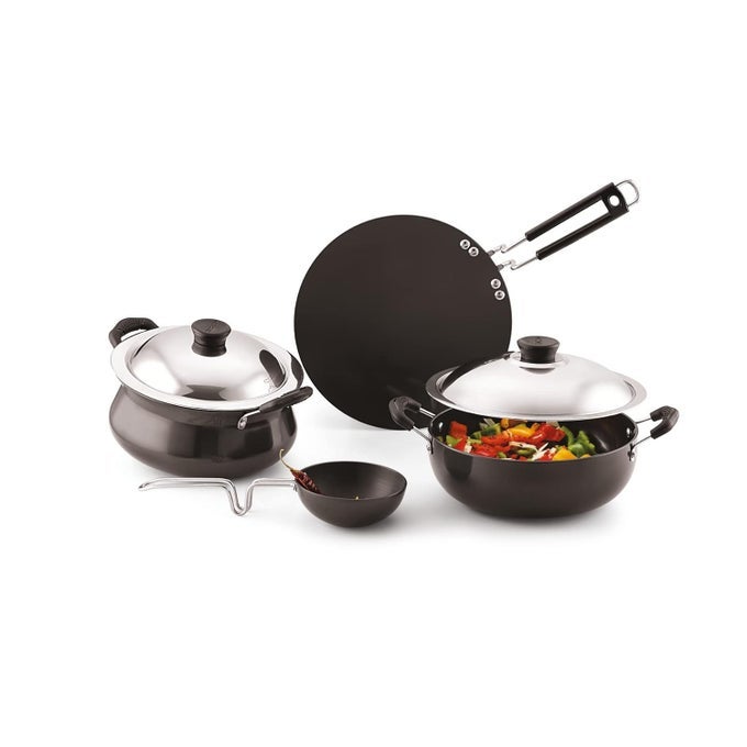 ALUMINIUM NON STICK 4 PIECES COMBO SET ROTI TAWA, HANDI WITH STEEL LID, KADAI WITH STEEL LID, TADKA PAN WITH STURDY GRIP - BLACK