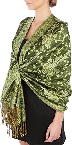 Sakkas Soft Silky Double Layer Jacquard Paisley Pashmina Shawl/Wrap/Scarf - Dark Olive Green/Champagne - Image 1