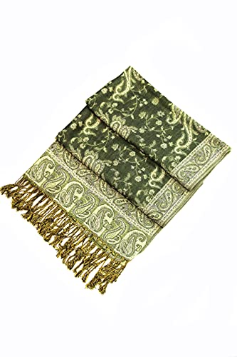 Sakkas Soft Silky Double Layer Jacquard Paisley Pashmina Shawl/Wrap/Scarf - Dark Olive Green/Champagne - Image 3