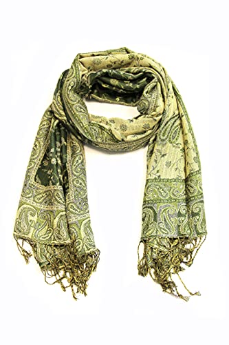 Sakkas Soft Silky Double Layer Jacquard Paisley Pashmina Shawl/Wrap/Scarf - Dark Olive Green/Champagne - Image 2
