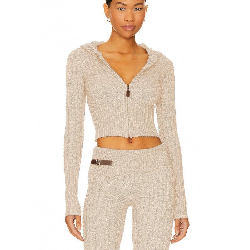 Fashion casual suit 2024 autumn and winter European and American knitted cardigan twist hooded coat pants two-piece set Apricot - Image 1