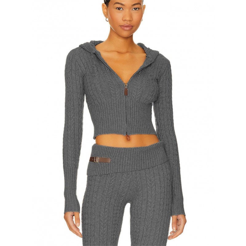Fashion casual suit 2024 autumn and winter European and American knitted cardigan twist hooded coat pants two-piece set Apricot - Image 2