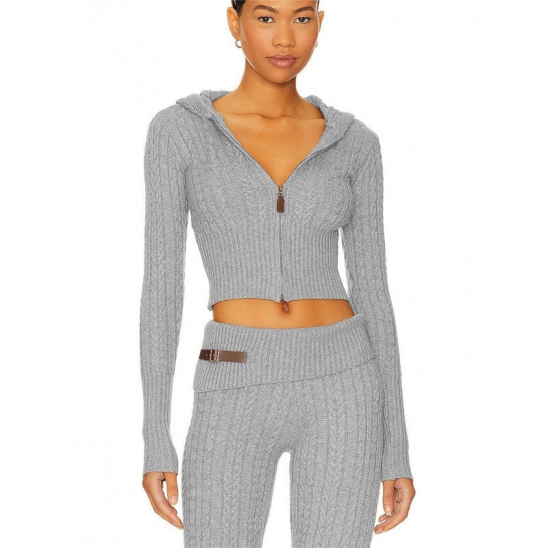 Fashion casual suit 2024 autumn and winter European and American knitted cardigan twist hooded coat pants two-piece set Apricot - Image 5