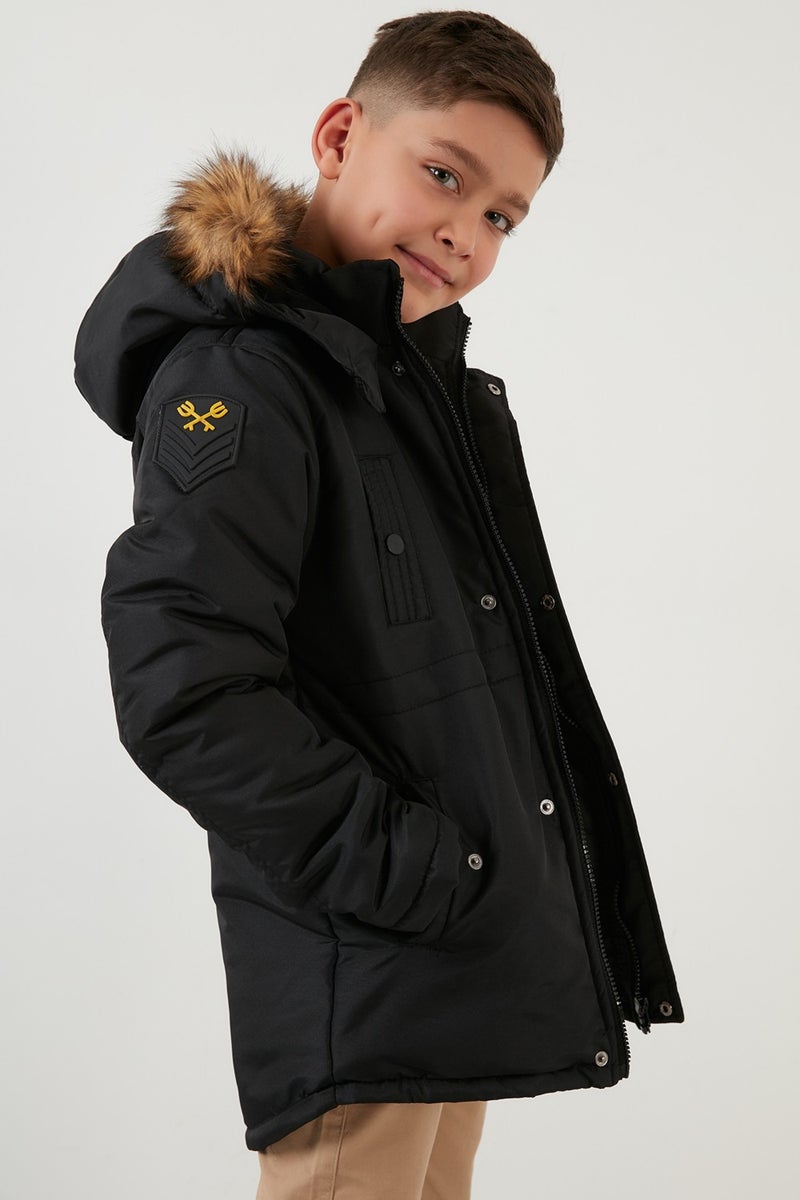 Lela Collar Faux Fur Plush Lined Hooded Slim Cut Coat Boy's COAT 6031050  - Image 1