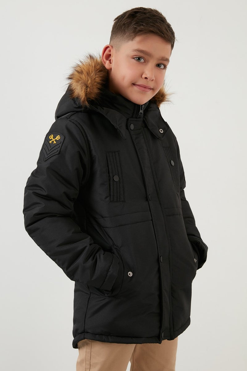 Lela Collar Faux Fur Plush Lined Hooded Slim Cut Coat Boy's COAT 6031050  - Image 3