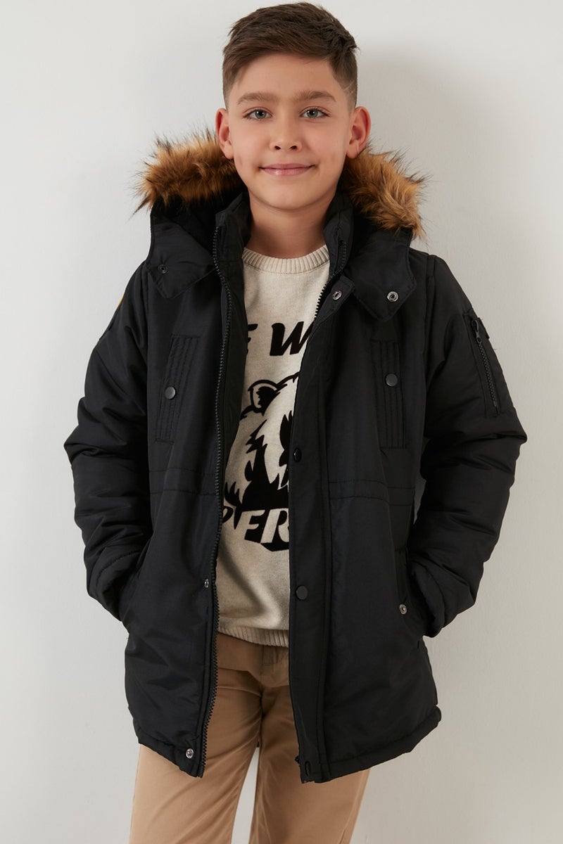 Lela Collar Faux Fur Plush Lined Hooded Slim Cut Coat Boy's COAT 6031050  - Image 2