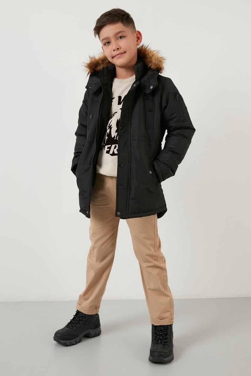 Lela Collar Faux Fur Plush Lined Hooded Slim Cut Coat Boy's COAT 6031050  - Image 4