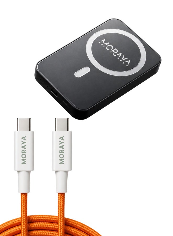 MORAYA Cell-01 10000mAh MagSafe Wireless Power Bank with Vector-03 Orange USB-C to USB-C Cable, 15W Magnetic Wireless Charging & 20W PD Fast Charging Portable Charger with 60W Braided Type-C Cable for iPhone 15/16/17, Samsung & USB-C Devices