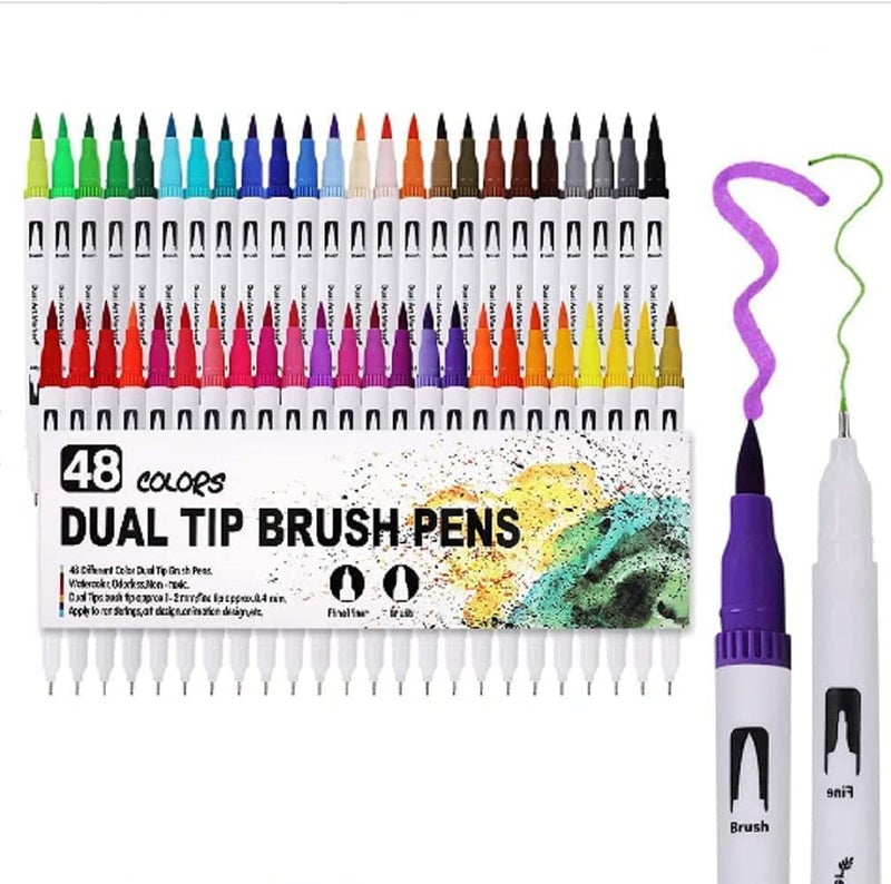 KRYTONEDual Tip Brush Marker Pen Fine Tip Marker and Brush Highlighter Pen for Bullet Journal Adults Coloring Book Note Writing Planning Art Project 48PCS