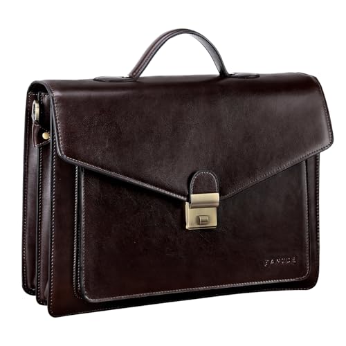 Banuce Vintage Leather Briefcase for Men Hard Attache Case with Lock Professional 14 Inch Laptop Bag for Work Business Travel with Luggage Strap Dark Brown - Image 1