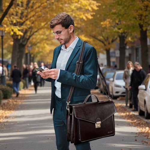 Banuce Vintage Leather Briefcase for Men Hard Attache Case with Lock Professional 14 Inch Laptop Bag for Work Business Travel with Luggage Strap Dark Brown - Image 3