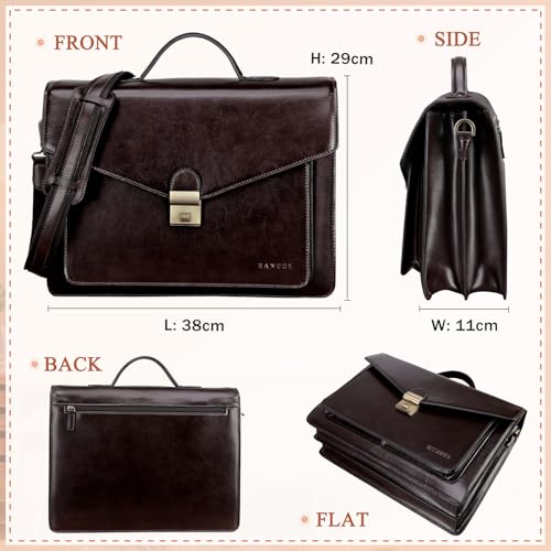 Banuce Vintage Leather Briefcase for Men Hard Attache Case with Lock Professional 14 Inch Laptop Bag for Work Business Travel with Luggage Strap Dark Brown - Image 5
