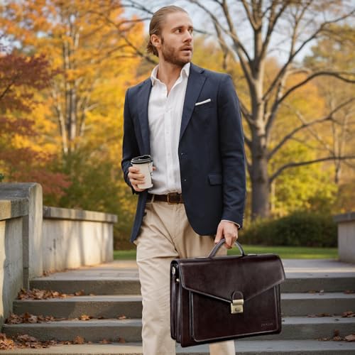 Banuce Vintage Leather Briefcase for Men Hard Attache Case with Lock Professional 14 Inch Laptop Bag for Work Business Travel with Luggage Strap Dark Brown - Image 2