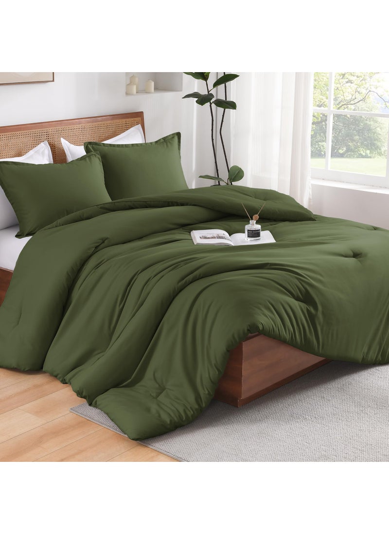 Andency Andency Olive Green King Size Comforter Set  Solid Comforter Set 3 Pieces (1 Boho Comforter & 2 Pillowcases)  Lightweight Fluffy Soft Vintage Olive Bed Comforter Set for All Season  - Image 1