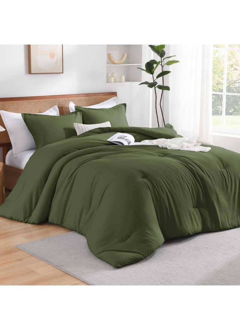Andency Andency Olive Green King Size Comforter Set  Solid Comforter Set 3 Pieces (1 Boho Comforter & 2 Pillowcases)  Lightweight Fluffy Soft Vintage Olive Bed Comforter Set for All Season  - Image 5