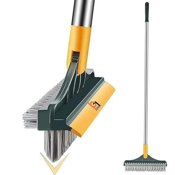 BKQPTL 3 in 1 V Shaped Cleaning Brush with Wiper and SqueegeesWindow and Tiles Cleaning Brush with Long Handle Tile Cleaner Brush Bathroom Floor Cleaning BrushFloor Scrub Brush Shower Squeezer - Image 1
