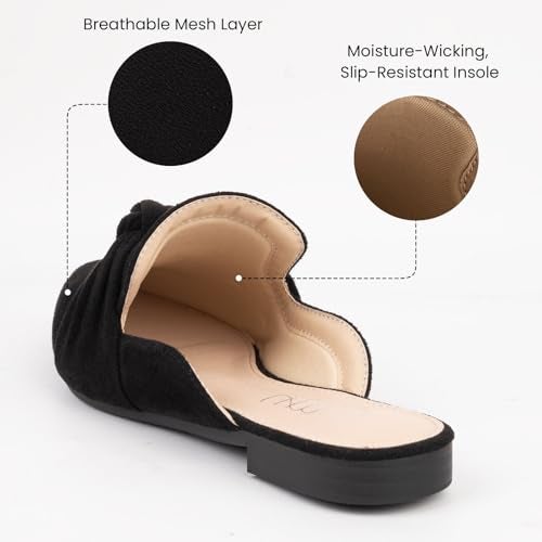 MUSSHOE Mules for Women Comfortable Pointed Toe Backless Slip-on Slides Loafer Flats with Knot,Black 7 - Image 3