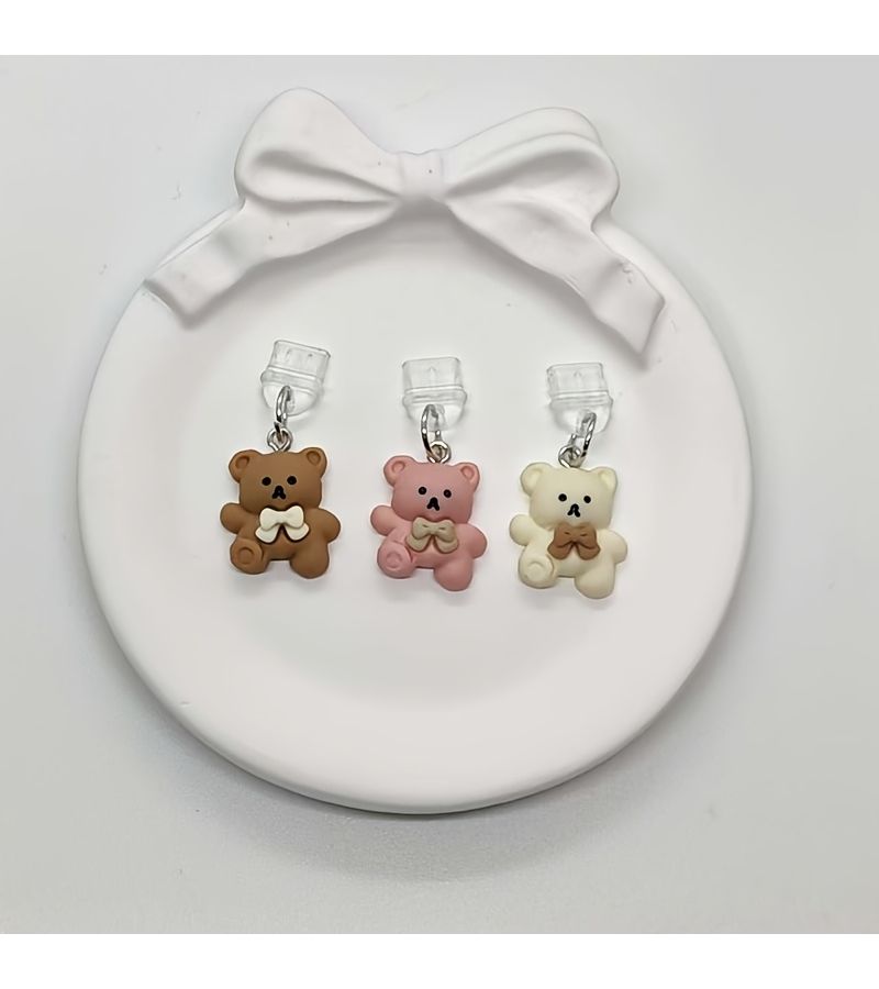 Set Of Three 3D Cartoon Bear Phone Dust Plug Charms Coffee Pink Beige For Iphone - Image 5