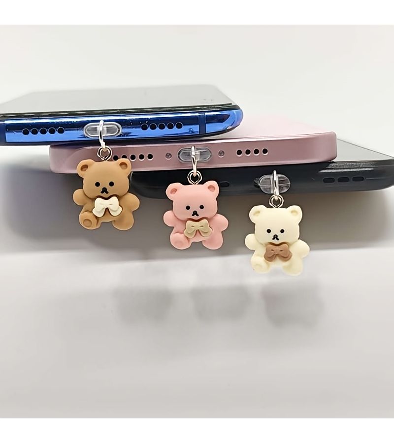 Set Of Three 3D Cartoon Bear Phone Dust Plug Charms Coffee Pink Beige For Iphone - Image 4