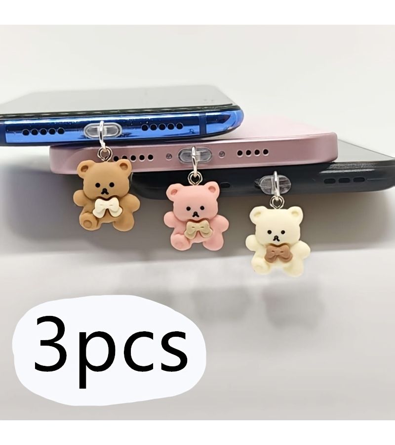 Set Of Three 3D Cartoon Bear Phone Dust Plug Charms Coffee Pink Beige For Iphone - Image 1