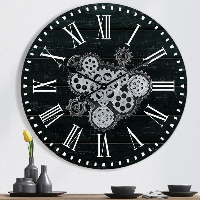 23 INCH WOODEN LARGE WALL CLOCK WITH MOVING GEARS ROMAN NUMERAL BLACK UNISEX