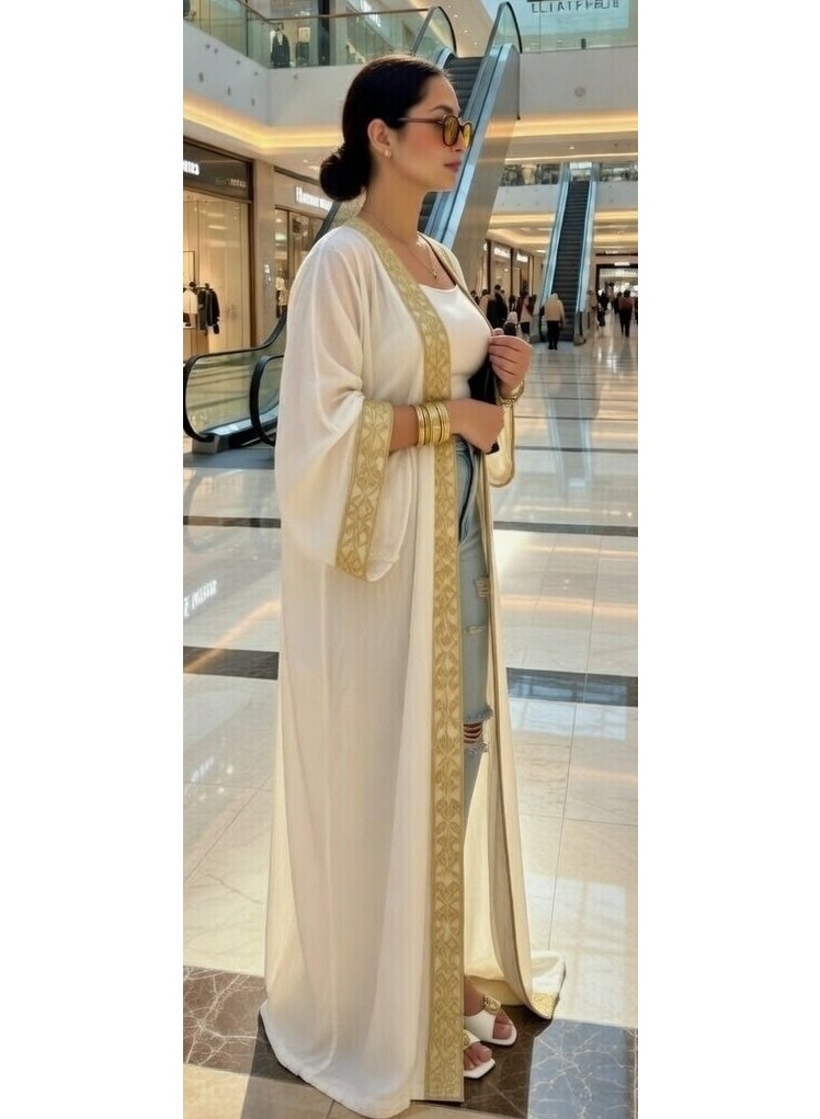Cardigan open abaya in cream with luxurious gold embroidery – a distinctive design for outings, casual outings, and a unique everyday look. Add a touch of elegance and sophistication to your style. Code 4034 - Image 3