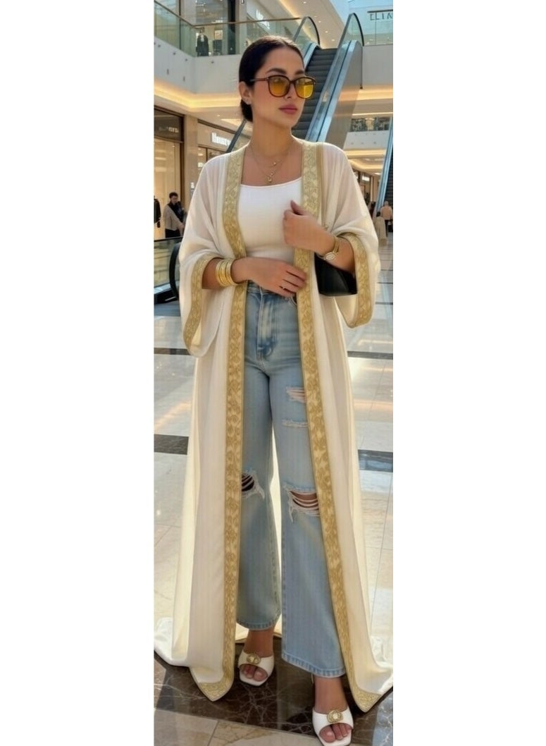 Cardigan open abaya in cream with luxurious gold embroidery – a distinctive design for outings, casual outings, and a unique everyday look. Add a touch of elegance and sophistication to your style. Code 4034 - Image 1