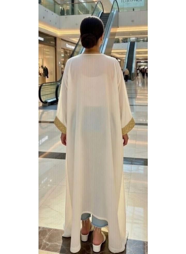 Cardigan open abaya in cream with luxurious gold embroidery – a distinctive design for outings, casual outings, and a unique everyday look. Add a touch of elegance and sophistication to your style. Code 4034 - Image 2