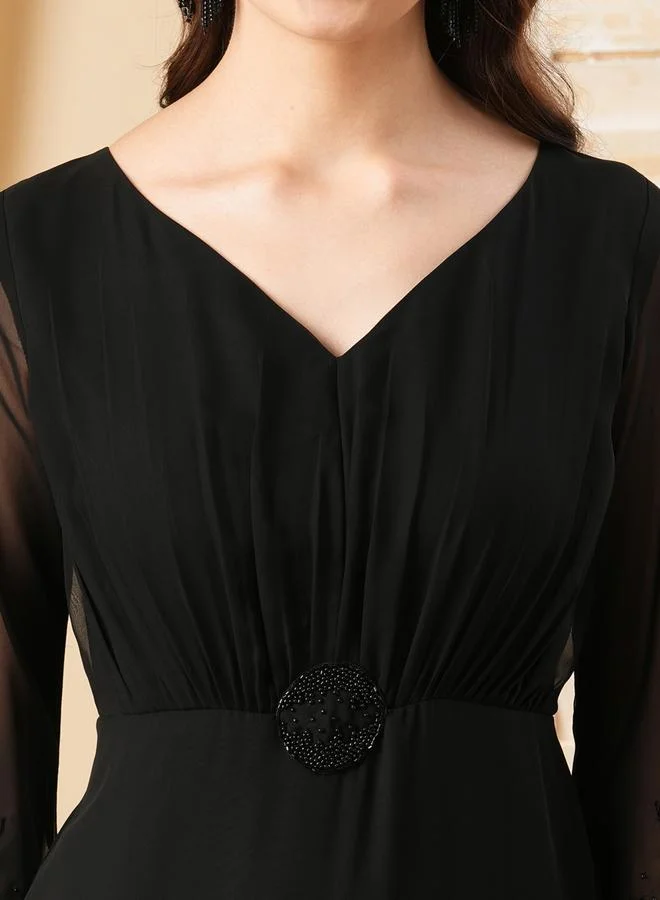 Mish  Beaded Georgette Maxi Dress with Slit Hem for Women | Best Price UAE